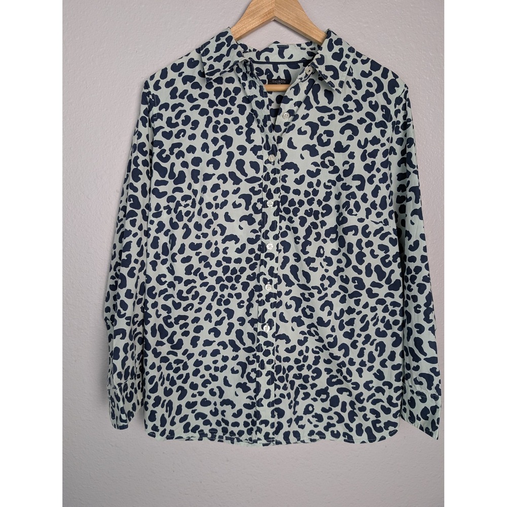 Talbots Button-Up Shirt Womens 1X Green Animal Print 100% Cotton Long Sleeve